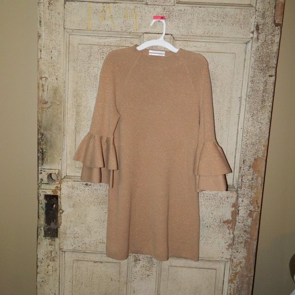 Anthropologie Dresses & Skirts - Anthropologie Claudette Ruffled Sweater Dress Tan Gold Metallic Size XS BB-25